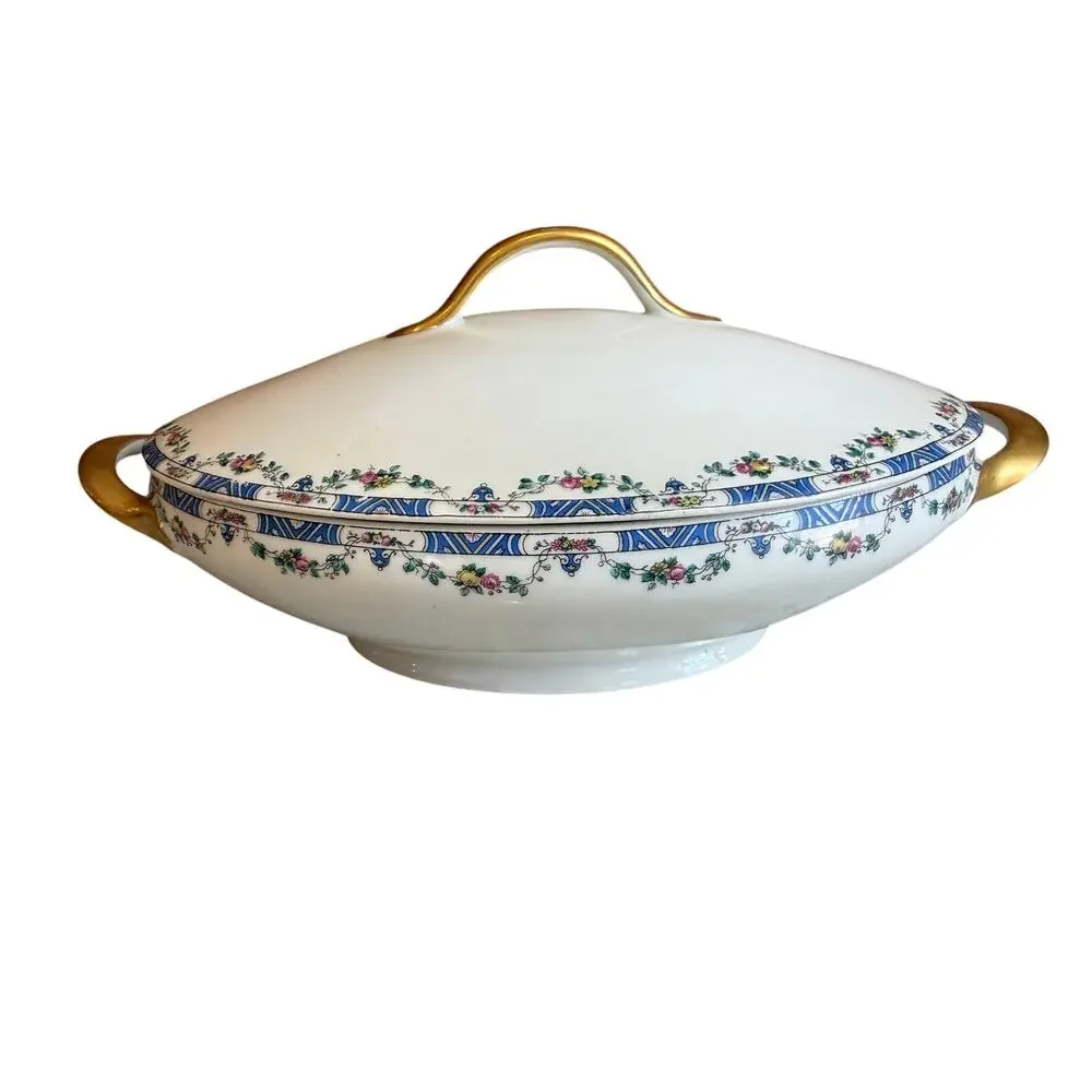 Vintage T&V Limoges France Oval Lidded Dish Blue Vine Pattern Gold Handles
